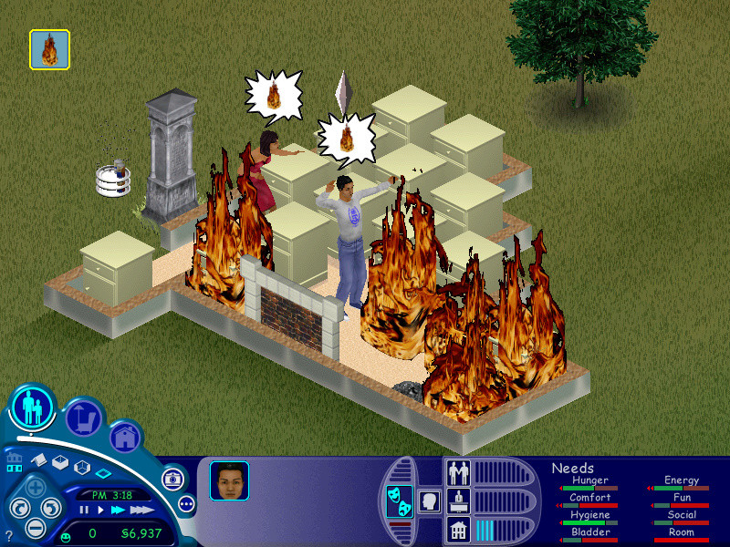 The Sims screenshot: pre-rendered, stylized 3d, isometric, no outlines, baked lighting (environment, character)