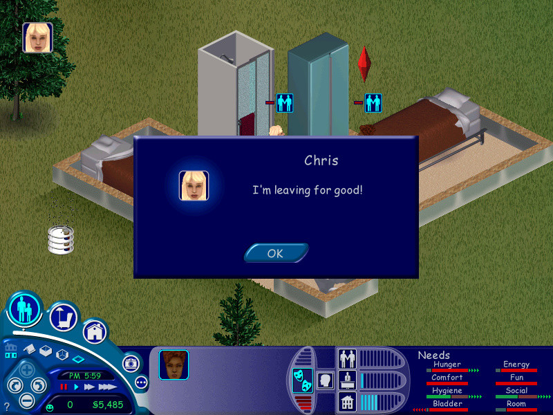 The Sims screenshot: pre-rendered, stylized 3d, isometric, no outlines, baked lighting (environment, ui / menu)