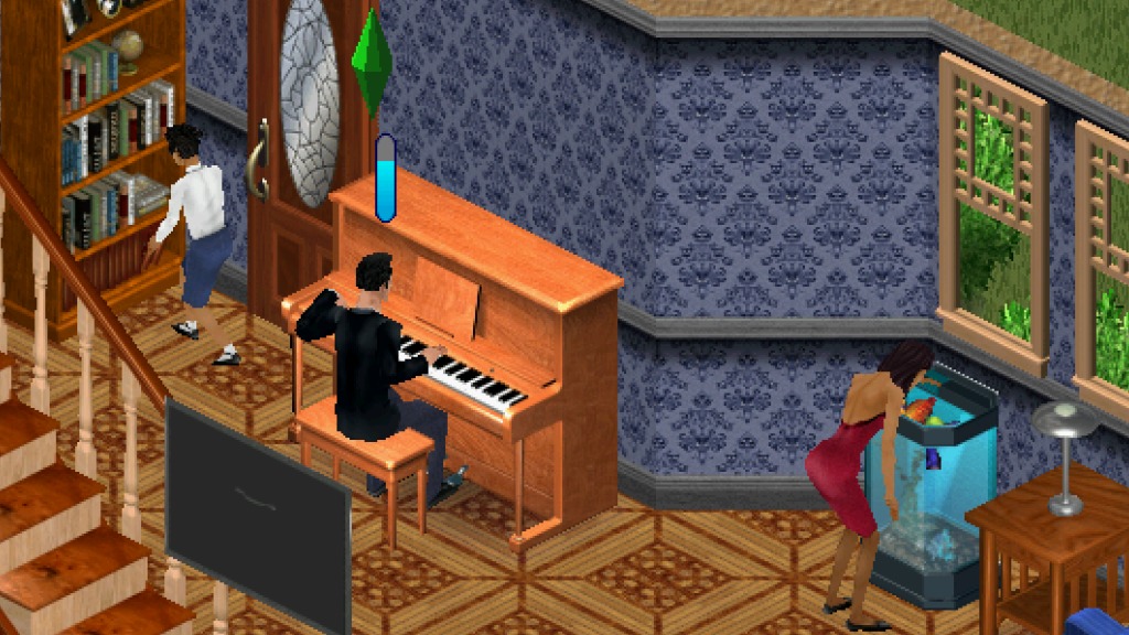 The Sims screenshot: pre-rendered, stylized 3d, isometric, no outlines, baked lighting (environment, character)