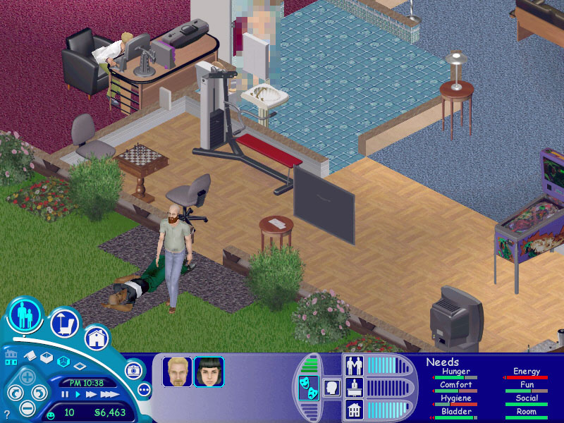 The Sims screenshot: pre-rendered, stylized 3d, isometric, no outlines, baked lighting (environment, character)