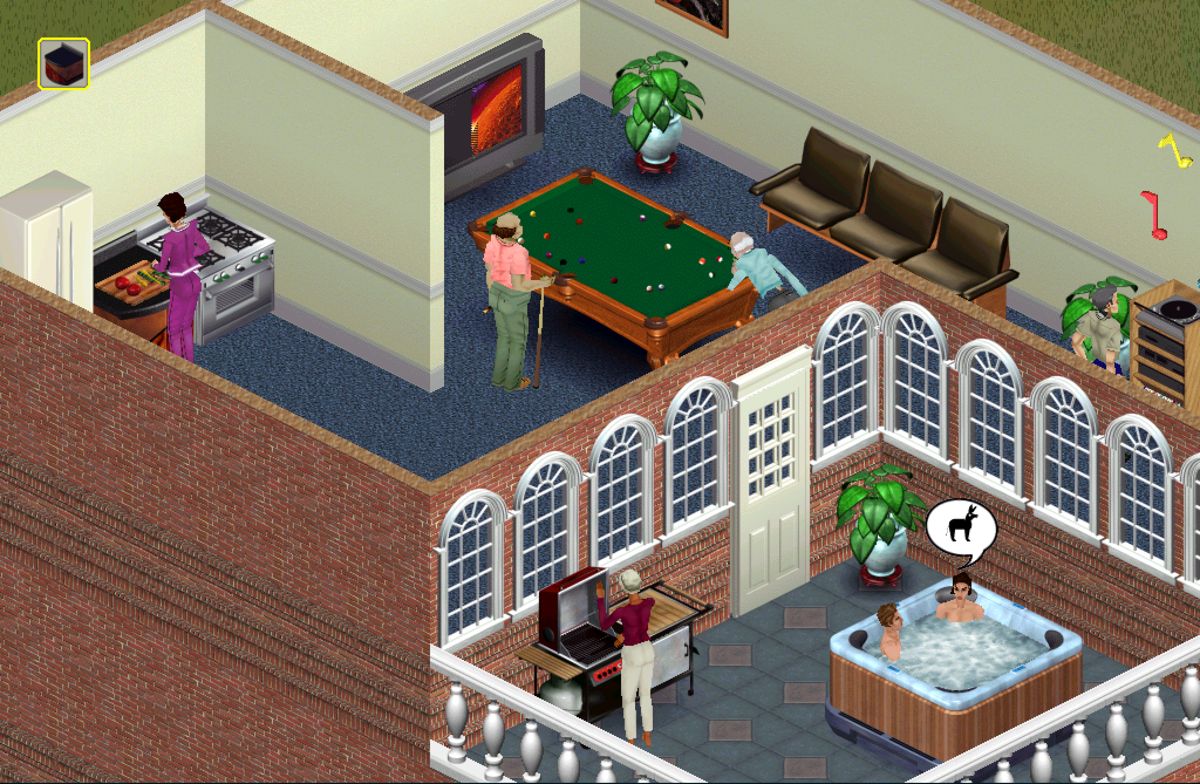 The Sims screenshot: pre-rendered, stylized 3d, isometric, no outlines, baked lighting (environment, character)