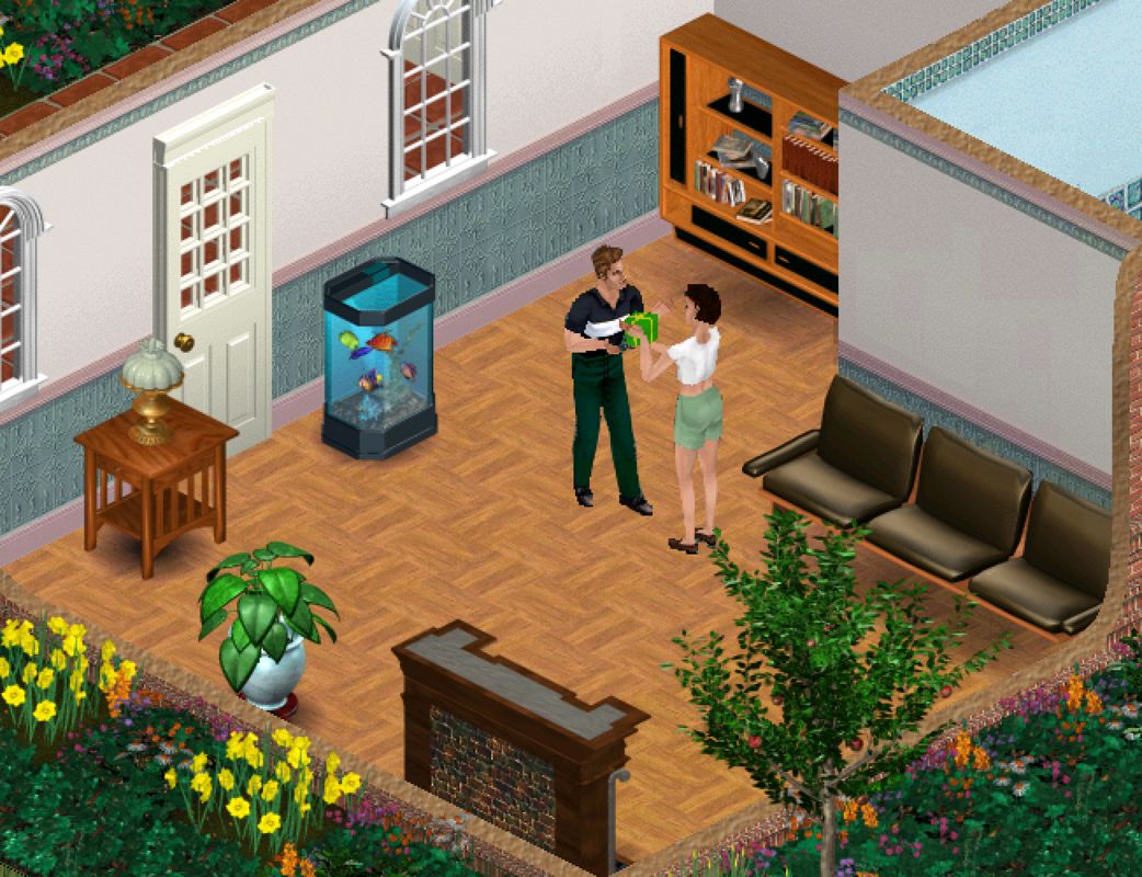 The Sims screenshot: pre-rendered, stylized 3d, isometric, no outlines, baked lighting (environment, character)