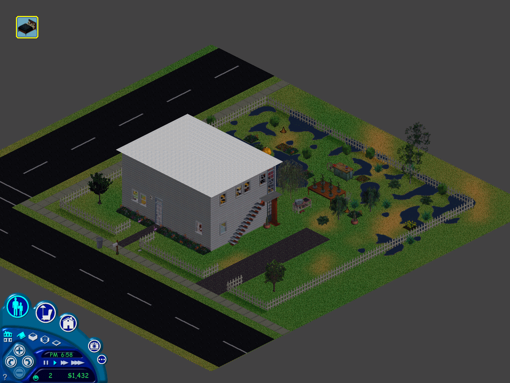 The Sims screenshot: pre-rendered, stylized 3d, isometric, no outlines, baked lighting (environment)