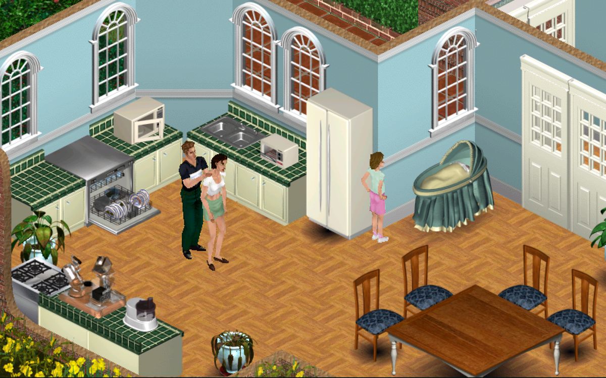 The Sims screenshot: pre-rendered, stylized 3d, isometric, no outlines, baked lighting (environment, character)
