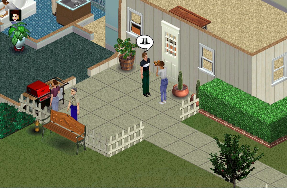 The Sims screenshot: pre-rendered, stylized 3d, isometric, no outlines, baked lighting (environment, character)