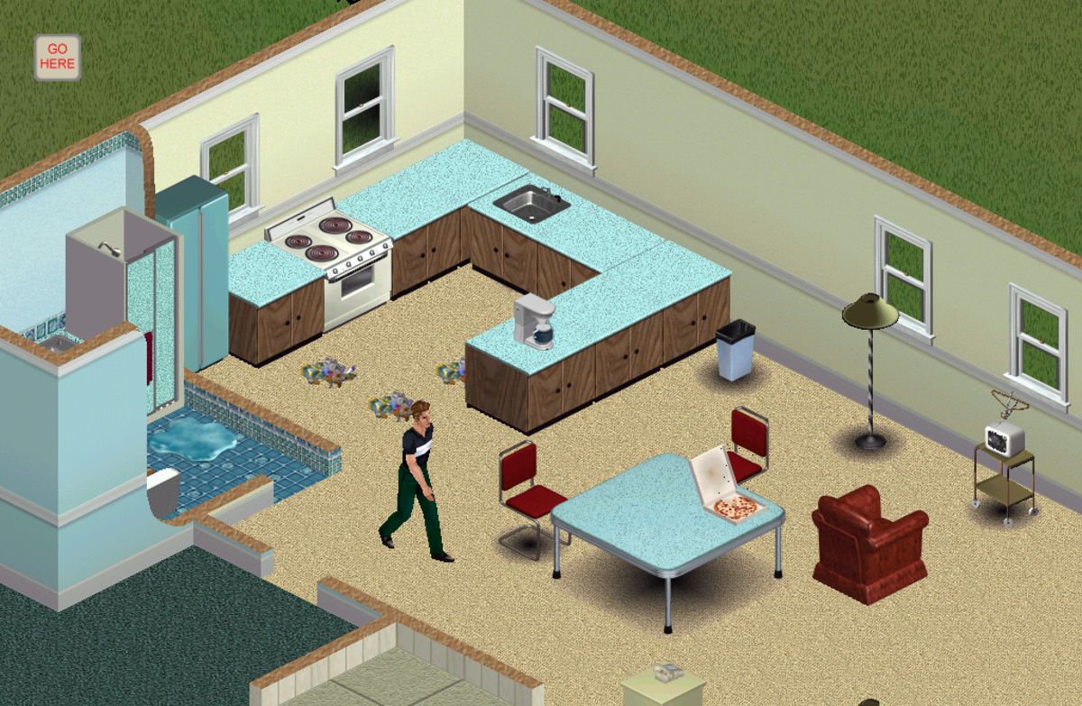 The Sims screenshot: pre-rendered, stylized 3d, isometric, no outlines, baked lighting (environment)