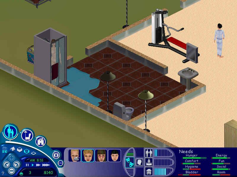The Sims screenshot: pre-rendered, stylized 3d, isometric, no outlines, baked lighting (environment)