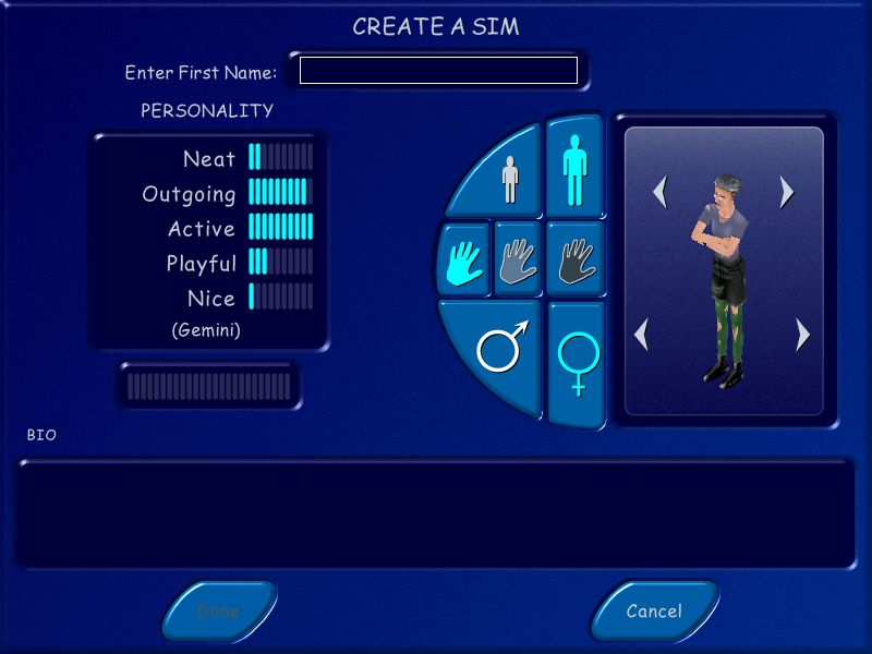 The Sims screenshot: pre-rendered, stylized 3d, isometric, no outlines, baked lighting (ui / menu, character)