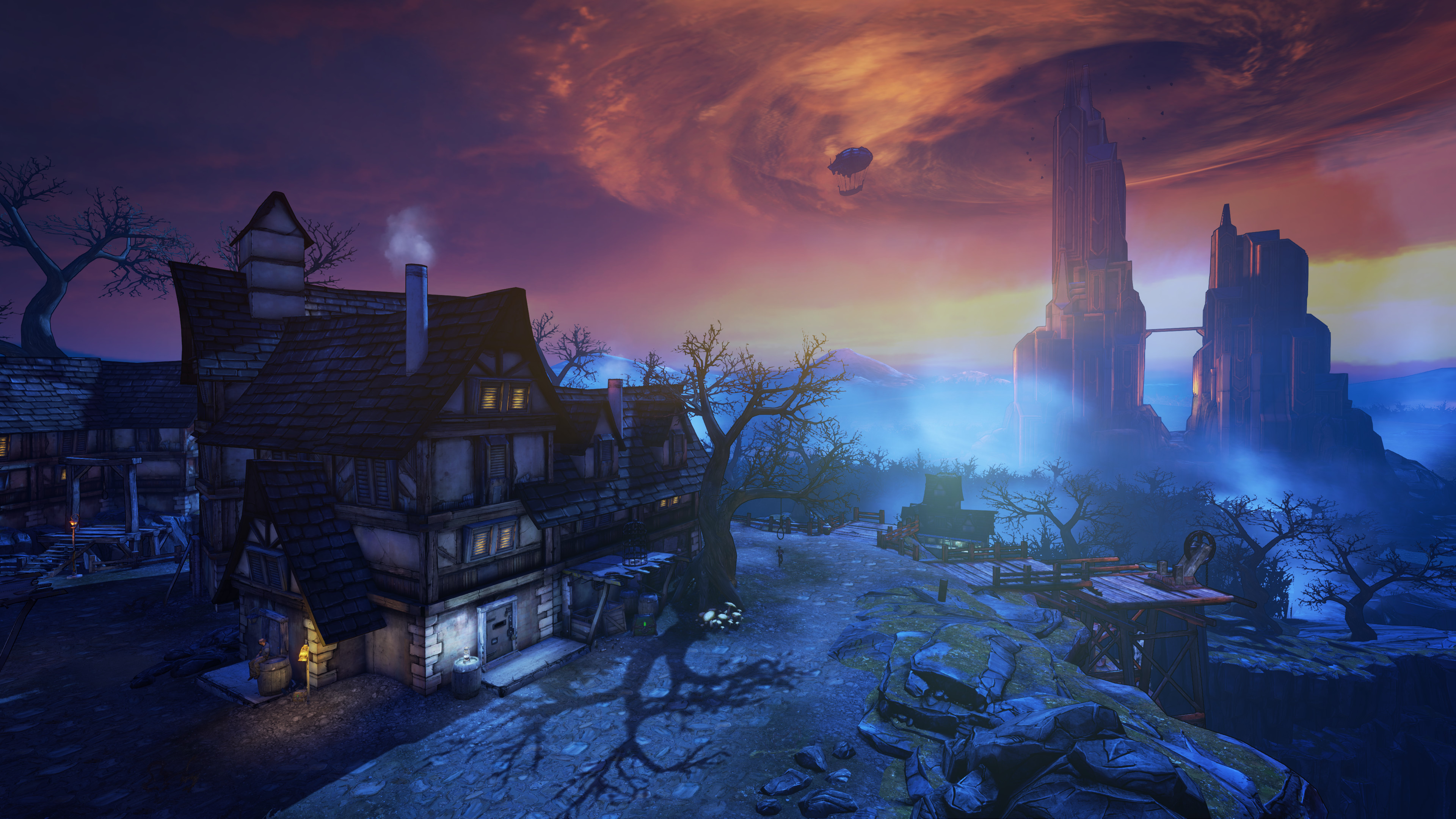 Tiny Tina's Assault on Dragon Keep: A Wonderlands One-Shot Adventure screenshot: cel-shaded, first-person, black outlines, soft gradient (environment)