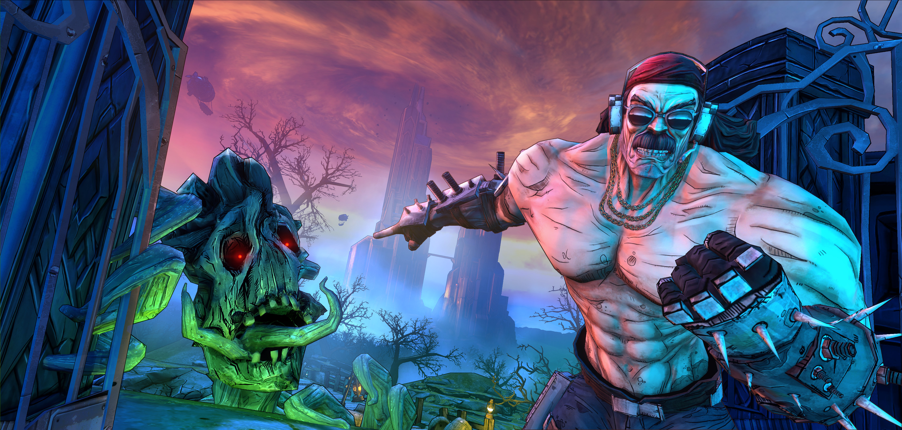 Tiny Tina's Assault on Dragon Keep: A Wonderlands One-Shot Adventure screenshot: cel-shaded, first-person, black outlines, soft gradient (character, combat)