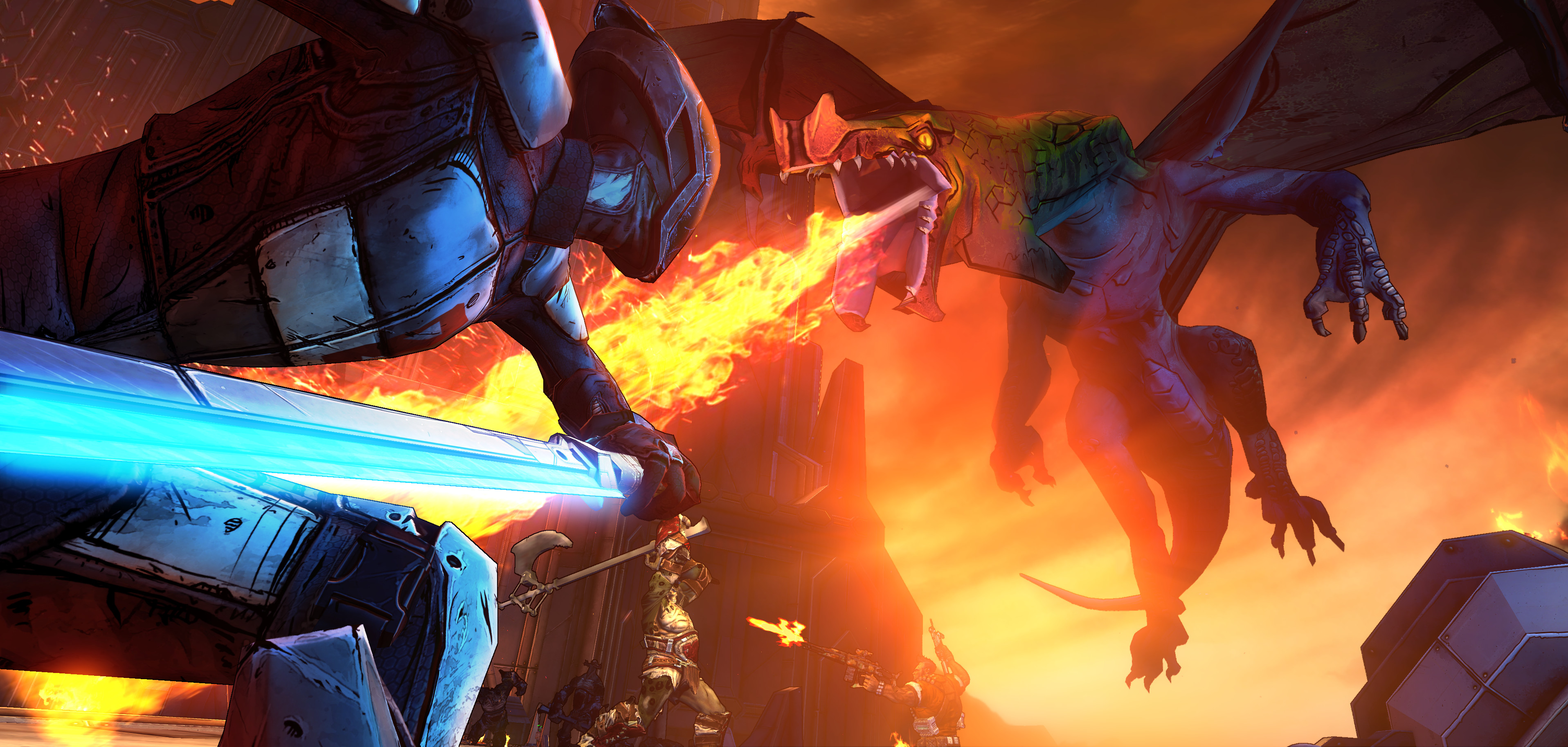 Tiny Tina's Assault on Dragon Keep: A Wonderlands One-Shot Adventure screenshot: cel-shaded, first-person, black outlines, soft gradient (character, combat)