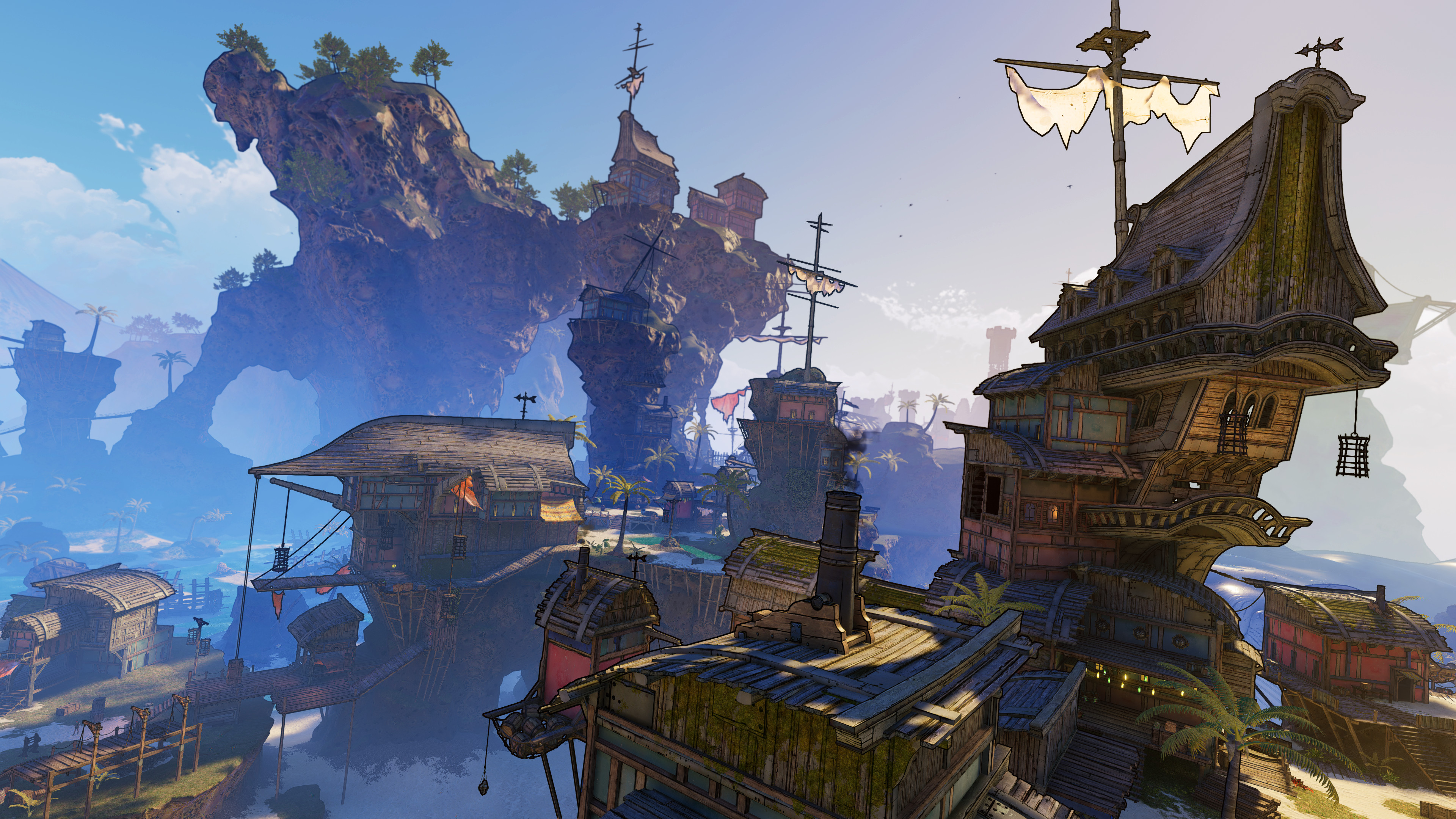 Tiny Tina's Wonderlands screenshot: cel-shaded, diorama, first-person, three-quarter, black outlines, soft gradient (environment)