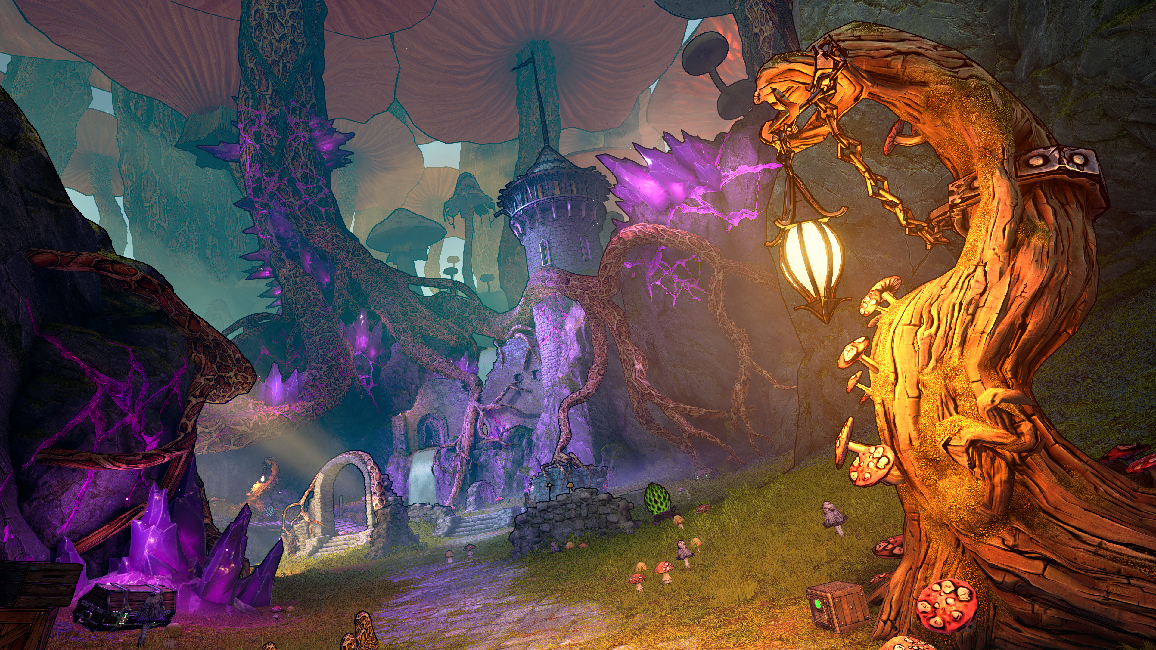 Tiny Tina's Wonderlands screenshot: cel-shaded, diorama, first-person, three-quarter, black outlines, soft gradient (environment)
