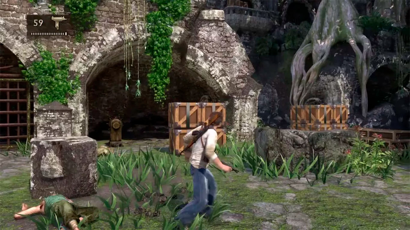 Uncharted: Drake's Fortune screenshot: realistic, third-person, no outlines, soft gradient (environment, character)