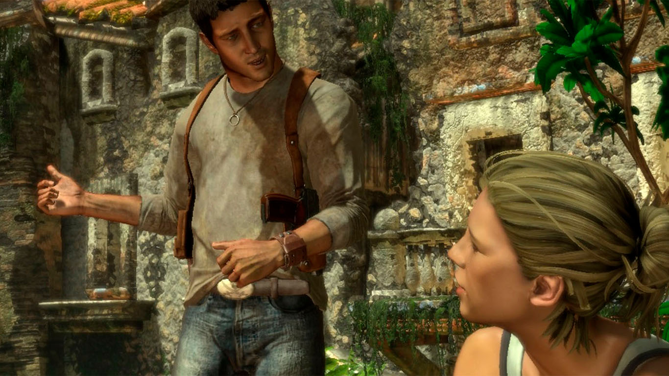 Uncharted: Drake's Fortune screenshot: realistic, third-person, no outlines, soft gradient (character, cutscene, environment)