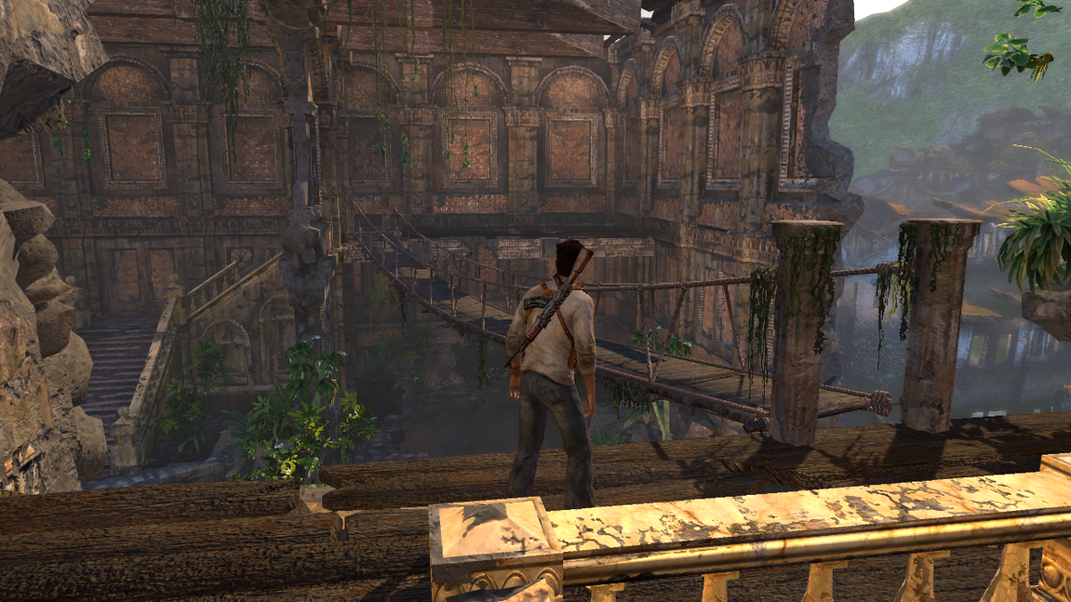 Uncharted: Drake's Fortune screenshot: realistic, third-person, no outlines, soft gradient (environment, character)