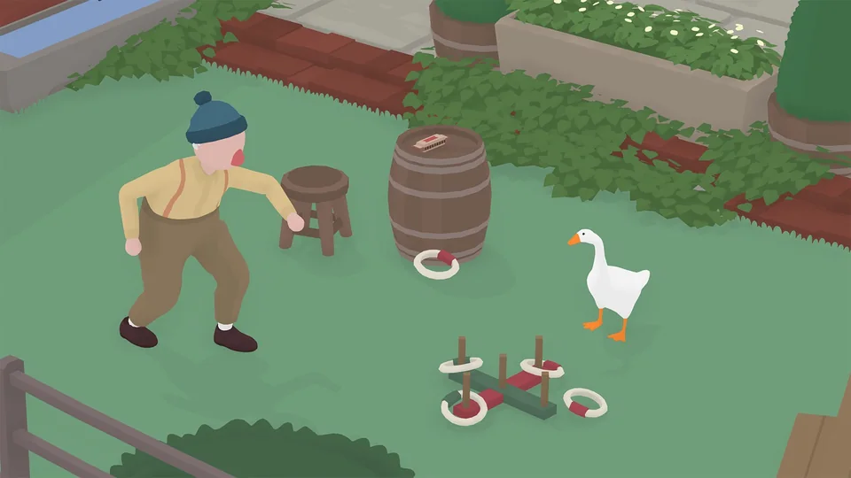 Untitled Goose Game screenshot: stylized 3d, minimalist, low-poly, three-quarter, no outlines, flat / unlit (character)