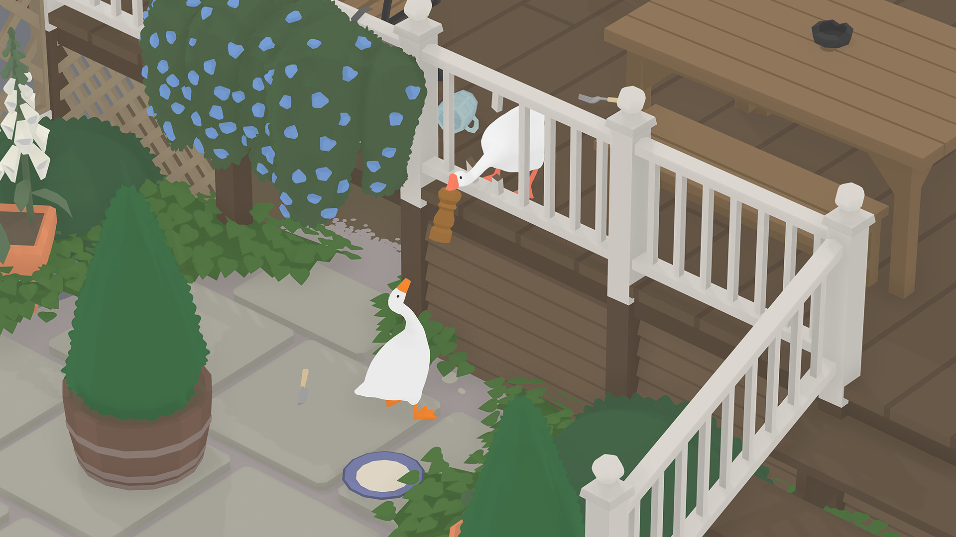 Untitled Goose Game screenshot: low-poly, vector / flat, isometric, no outlines, flat / unlit (environment, character)