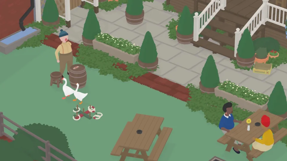 Untitled Goose Game screenshot: stylized 3d, minimalist, low-poly, three-quarter, no outlines, flat / unlit (environment)
