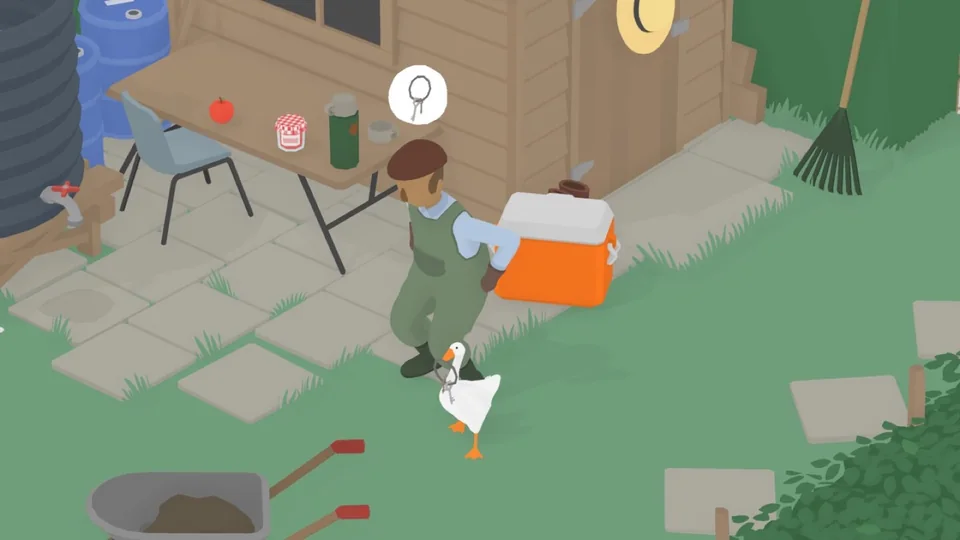 Untitled Goose Game screenshot: stylized 3d, minimalist, low-poly, three-quarter, no outlines, flat / unlit (environment)