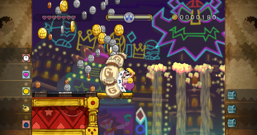 Wario Land: Shake It! screenshot: hand-drawn, painterly, side-scrolling, black outlines, two-tone cel (environment, character, combat)