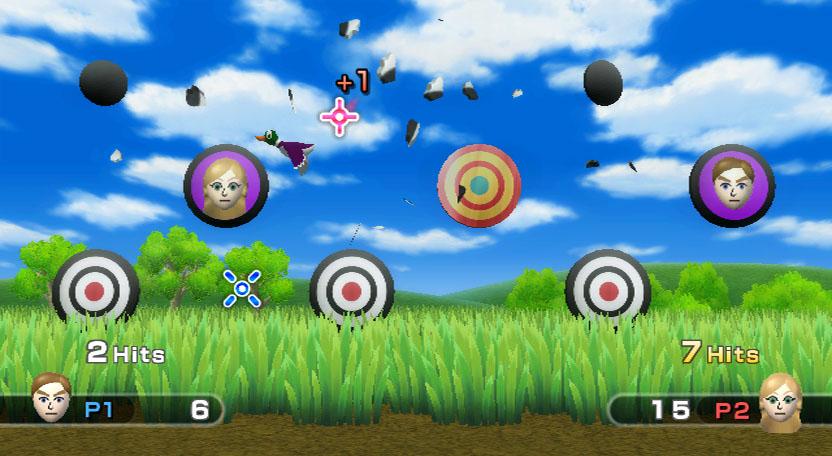 Wii Play screenshot: stylized 3d, vector / flat, hand-drawn, fixed camera, top-down, third-person, no outlines, soft gradient (environment, combat)