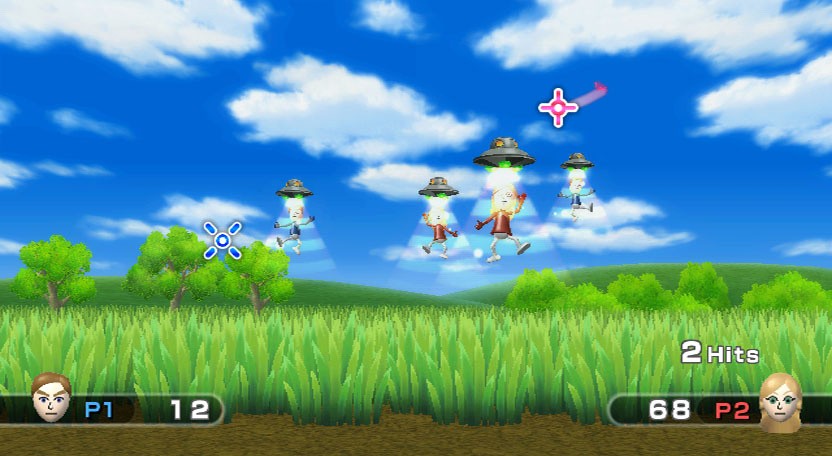 Wii Play screenshot: stylized 3d, vector / flat, hand-drawn, fixed camera, top-down, third-person, no outlines, soft gradient (environment, combat)