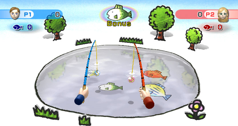 Wii Play screenshot: stylized 3d, vector / flat, hand-drawn, fixed camera, top-down, third-person, no outlines, soft gradient (environment)