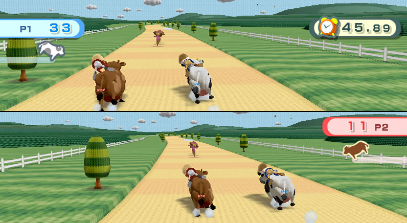 Wii Play screenshot: stylized 3d, vector / flat, hand-drawn, fixed camera, top-down, third-person, no outlines, soft gradient (environment)