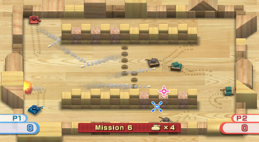 Wii Play screenshot: stylized 3d, vector / flat, hand-drawn, fixed camera, top-down, third-person, no outlines, soft gradient (environment, combat)