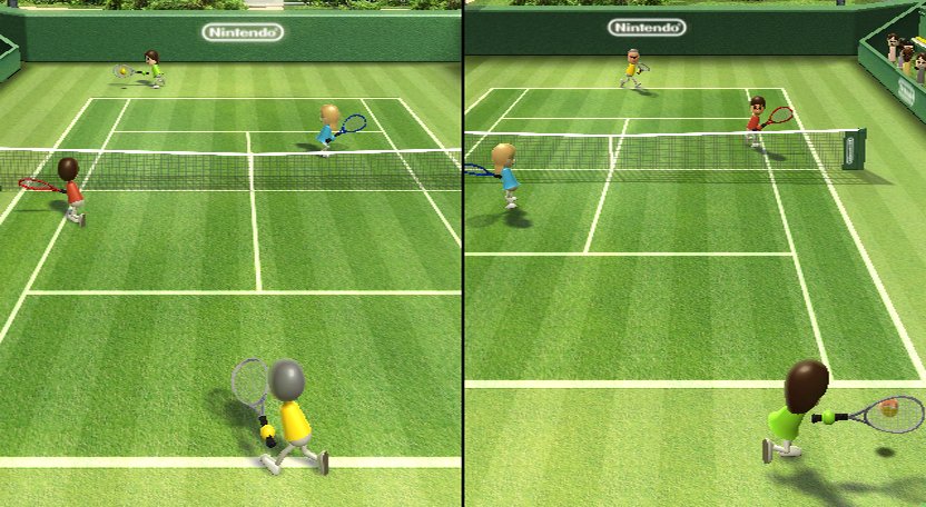 Wii Sports screenshot: stylized 3d, third-person, fixed camera, no outlines, soft gradient (environment, character)