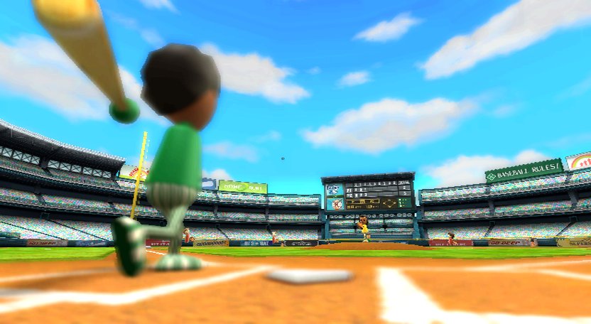 Wii Sports screenshot: stylized 3d, third-person, fixed camera, no outlines, soft gradient (environment, character)