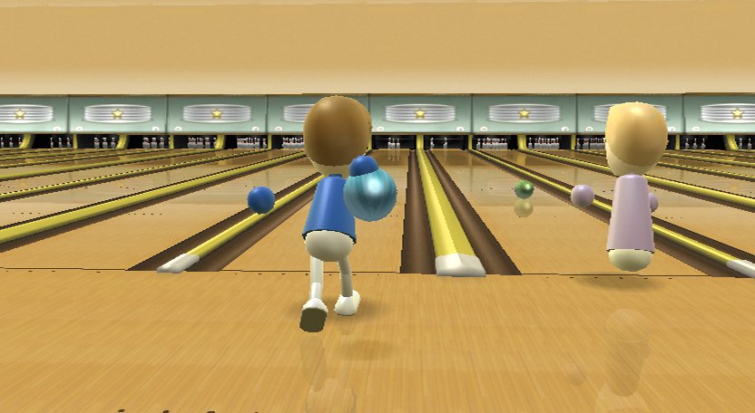 Wii Sports screenshot: stylized 3d, third-person, fixed camera, no outlines, soft gradient (environment, character)