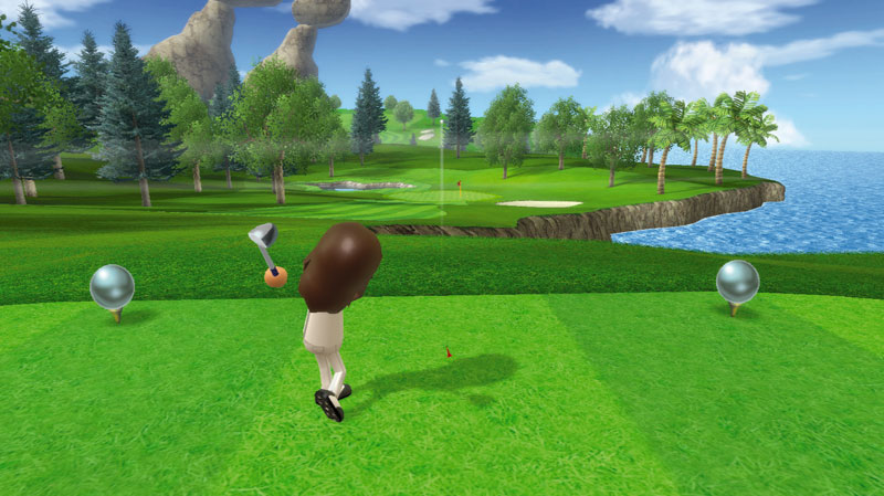 Wii Sports Resort screenshot: stylized 3d, third-person, fixed camera, no outlines, soft gradient (environment, character)