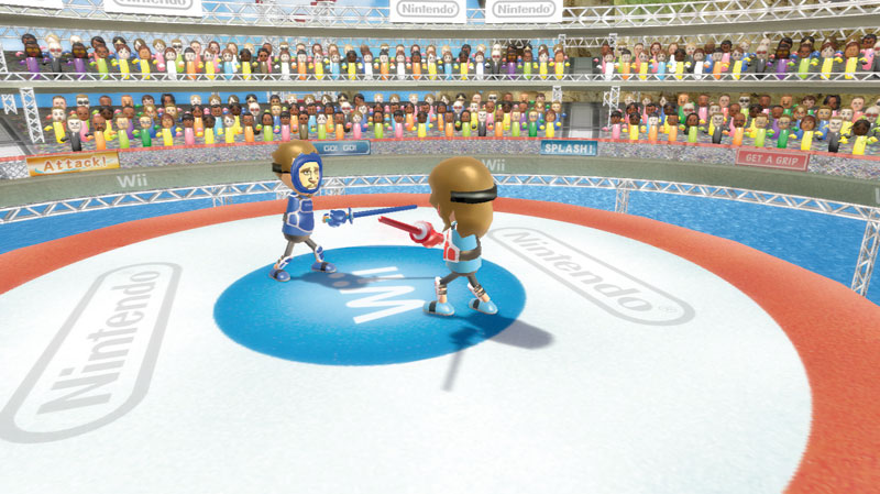 Wii Sports Resort screenshot: stylized 3d, third-person, fixed camera, no outlines, soft gradient (environment, character, combat)