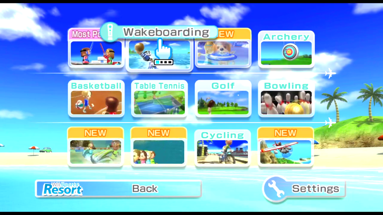 Wii Sports Resort screenshot: stylized 3d, third-person, fixed camera, no outlines, soft gradient (ui / menu)