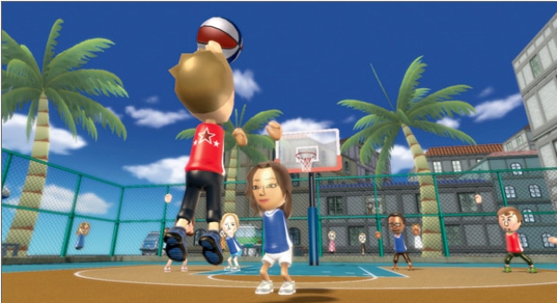 Wii Sports Resort screenshot: stylized 3d, third-person, fixed camera, no outlines, soft gradient (environment, character)