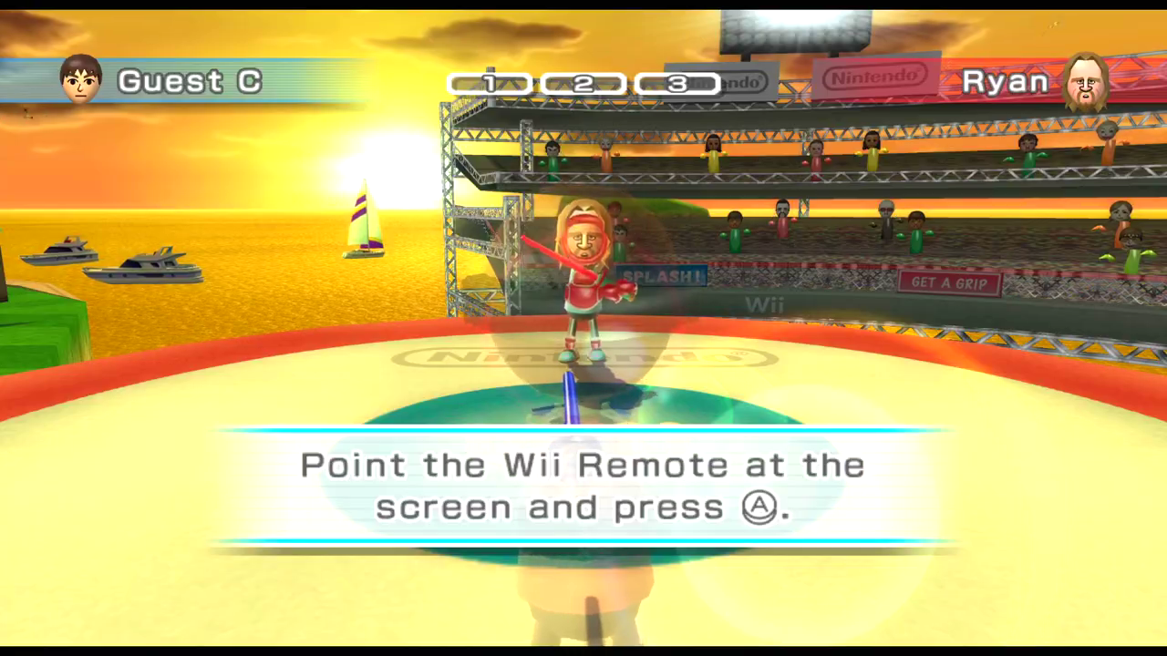 Wii Sports Resort screenshot: stylized 3d, third-person, fixed camera, no outlines, soft gradient (ui / menu, environment, character)