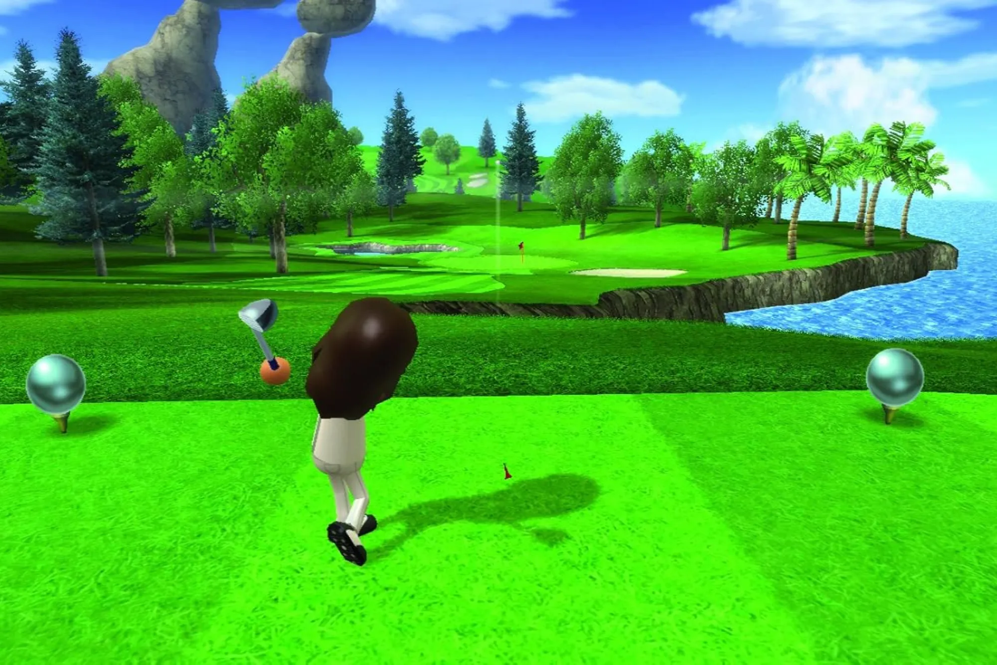 Wii Sports Resort screenshot: stylized 3d, third-person, fixed camera, no outlines, soft gradient (environment, character)