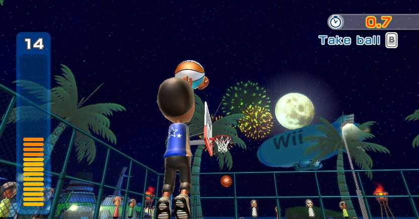 Wii Sports Resort screenshot: stylized 3d, third-person, fixed camera, no outlines, soft gradient (environment, character)