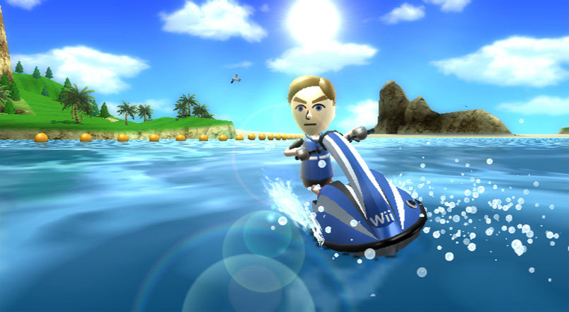 Wii Sports Resort screenshot: stylized 3d, third-person, fixed camera, no outlines, soft gradient (environment, character)