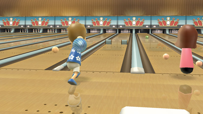 Wii Sports Resort screenshot: stylized 3d, third-person, fixed camera, no outlines, soft gradient (environment, character)