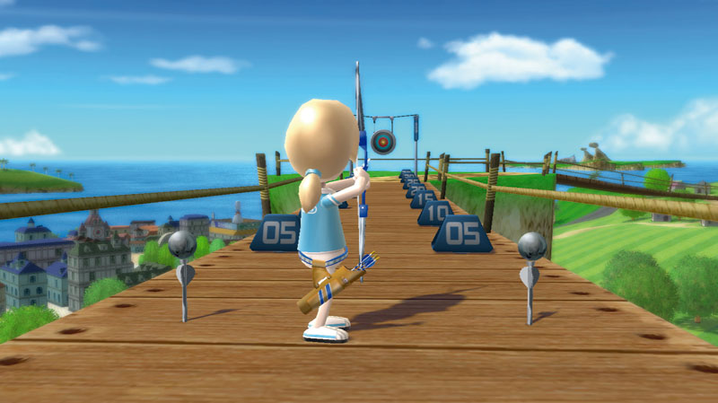 Wii Sports Resort screenshot: stylized 3d, third-person, fixed camera, no outlines, soft gradient (environment, character)