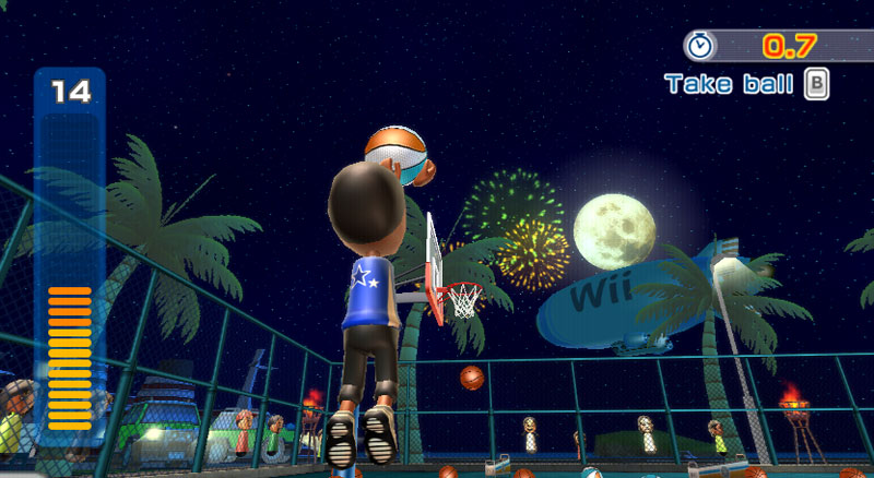Wii Sports Resort screenshot: stylized 3d, third-person, fixed camera, no outlines, soft gradient (environment, character)