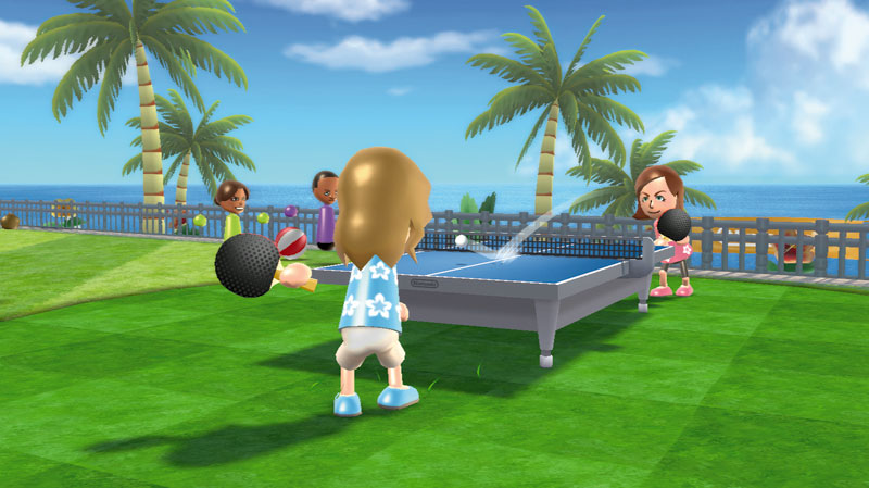 Wii Sports Resort screenshot: stylized 3d, third-person, fixed camera, no outlines, soft gradient (environment, character)