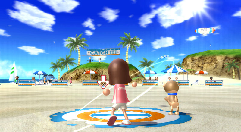 Wii Sports Resort screenshot: stylized 3d, third-person, fixed camera, no outlines, soft gradient (environment, character)