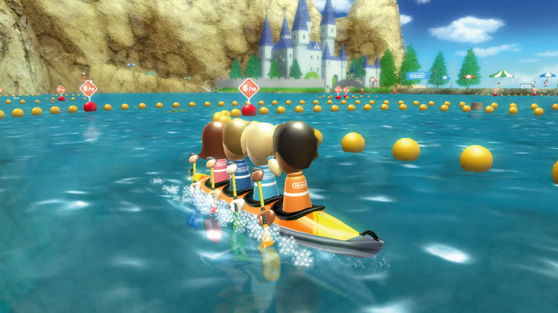 Wii Sports Resort screenshot: stylized 3d, third-person, fixed camera, no outlines, soft gradient (environment, character)