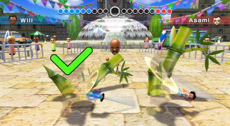 Wii Sports Resort screenshot: stylized 3d, third-person, fixed camera, no outlines, soft gradient (environment, character, combat)