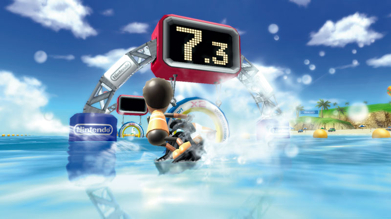 Wii Sports Resort screenshot: stylized 3d, third-person, fixed camera, no outlines, soft gradient (environment, character)