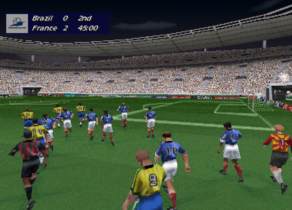 World Cup 98 screenshot: low-poly, realistic, three-quarter, no outlines, soft gradient (environment, character)